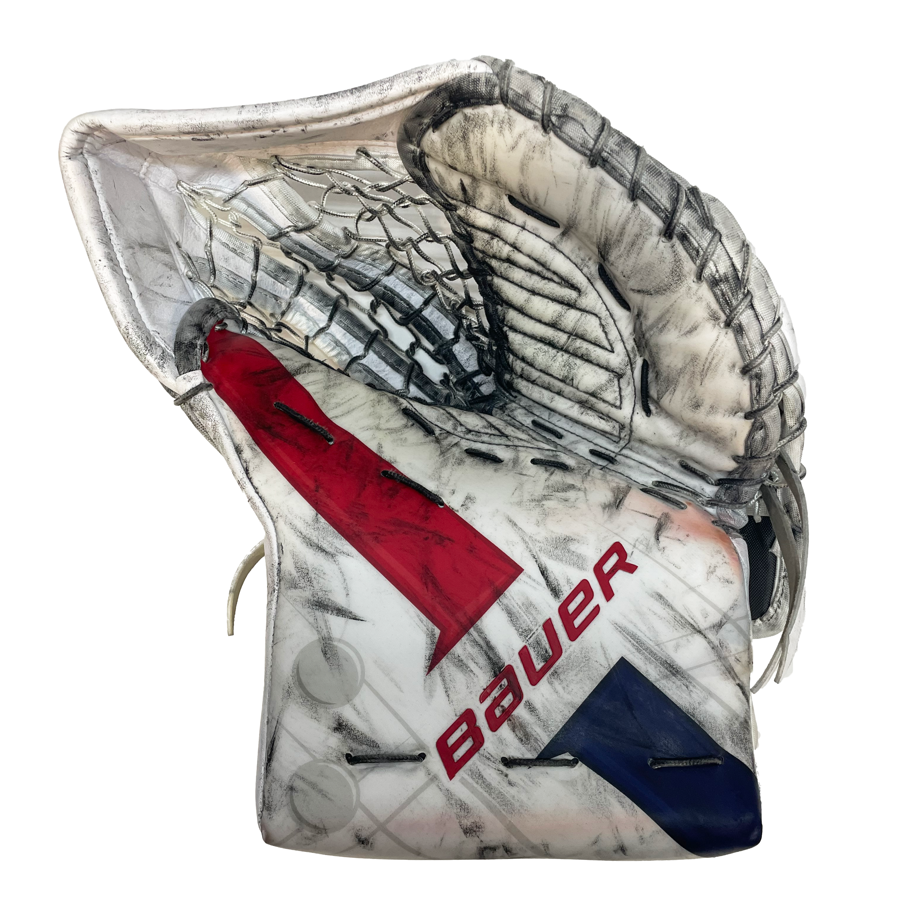 Bauer Supreme Mach - Gant de gardien Cayden Primeau NHL Pro Stock d'occasion - Canadiens de Montréal (blanc/bleu/rouge)